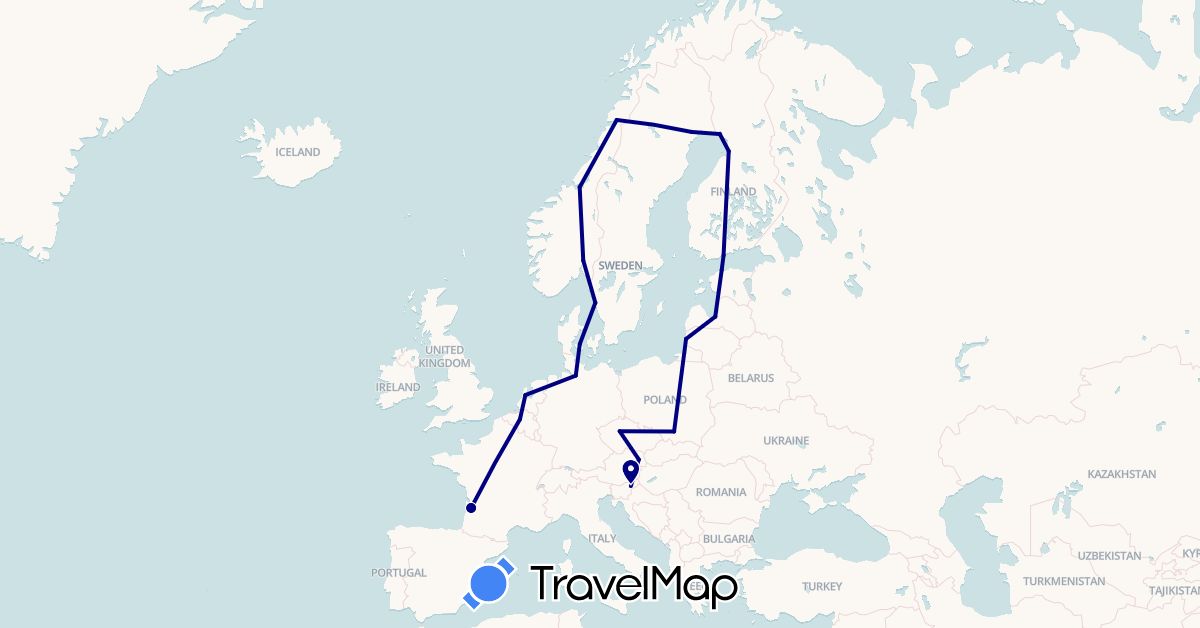 TravelMap itinerary: driving in Austria, Belgium, Czech Republic, Germany, Denmark, Estonia, Finland, France, Lithuania, Latvia, Netherlands, Norway, Poland, Sweden, Slovenia (Europe)